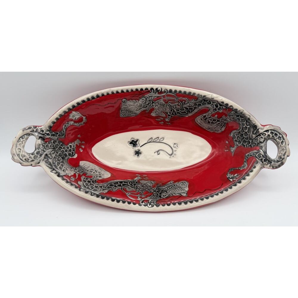 Blue Sky Clayworks Red Oval Double Handle Dragon Serving Dish Bowl 14.5” Signed